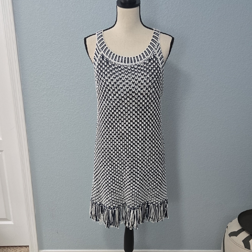 SOFT SURROUNDINGS Bambado Fringe Halter Tank Top Navy White Knit LARGE MiniDress - Picture 3 of 13